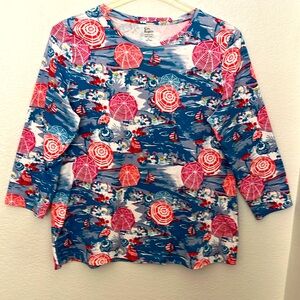 KIM ROGERS 100% COTTON BLOUSE/T-SHIRT BEACH SCENE L 46Wx26L NWOT EXCELLENT COND